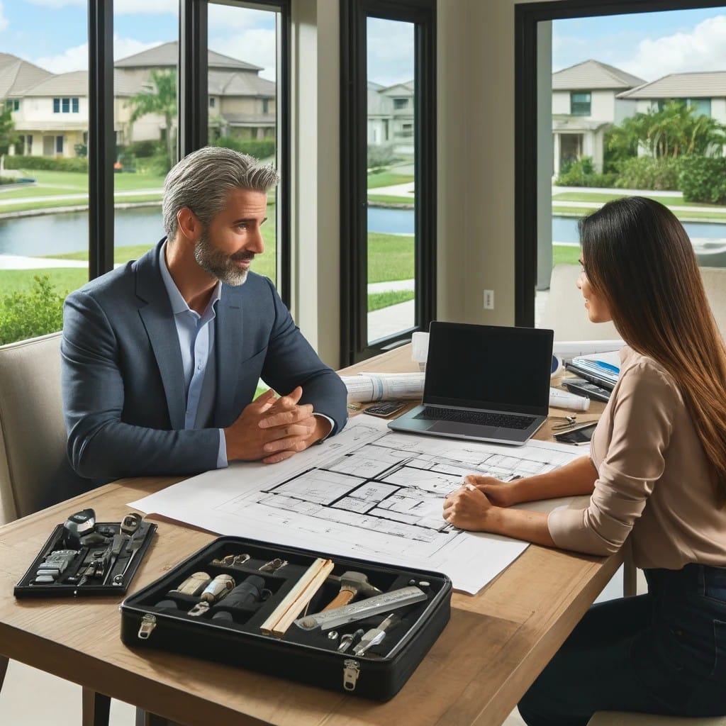 Remodeling contractor reviewing floor plans and renovation tools with a client at a table in a Broward County home.