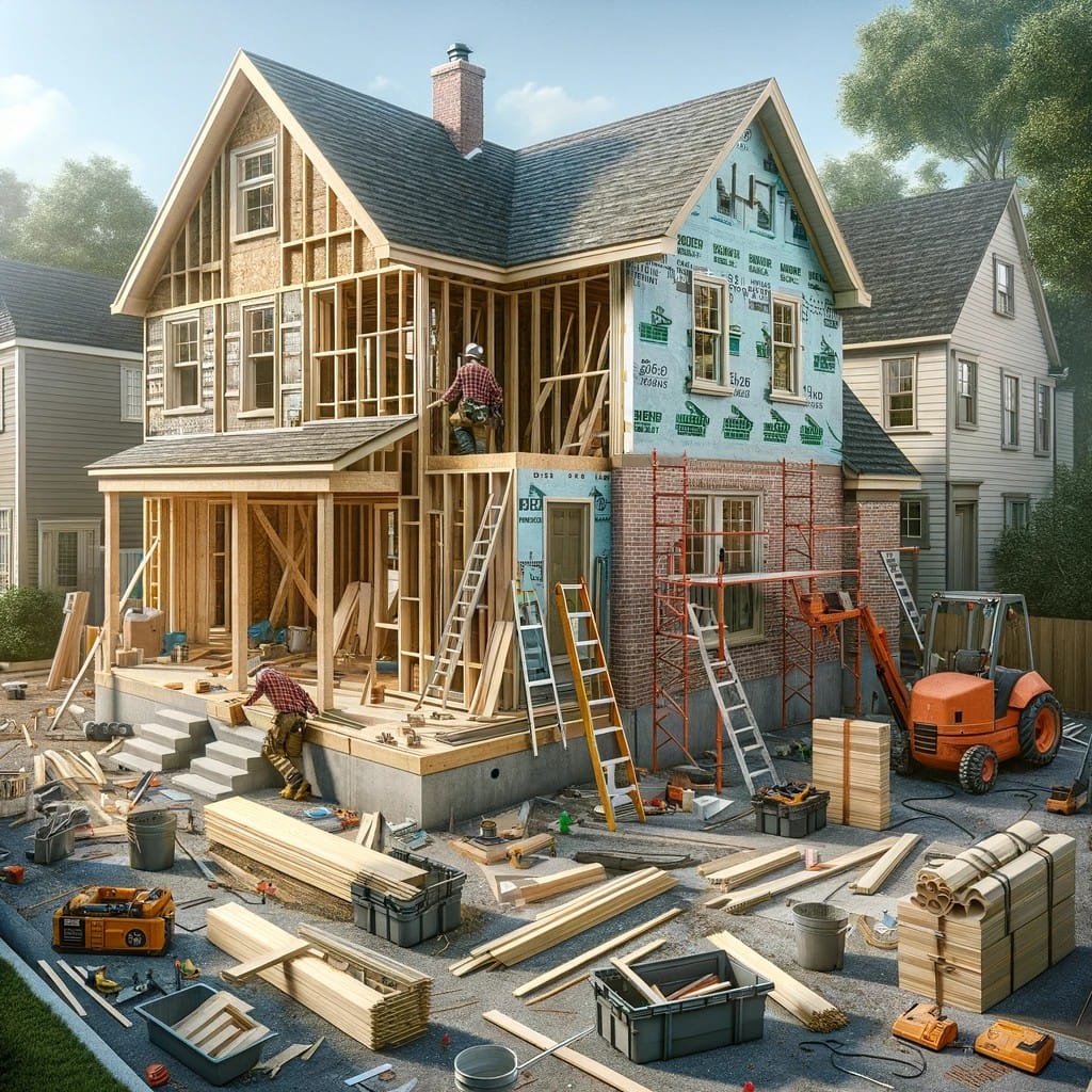 Home addition under construction in Fort Lauderdale, showing a framed second-story expansion with scaffolding and building materials staged on site.