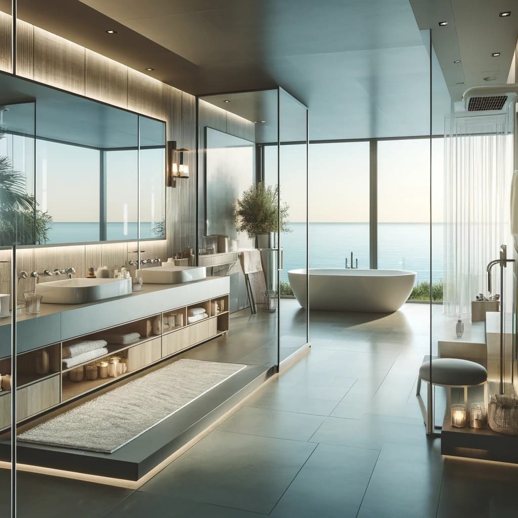 Modern spa-style bathroom with a freestanding tub and ocean view, a 2024 bathroom design trend