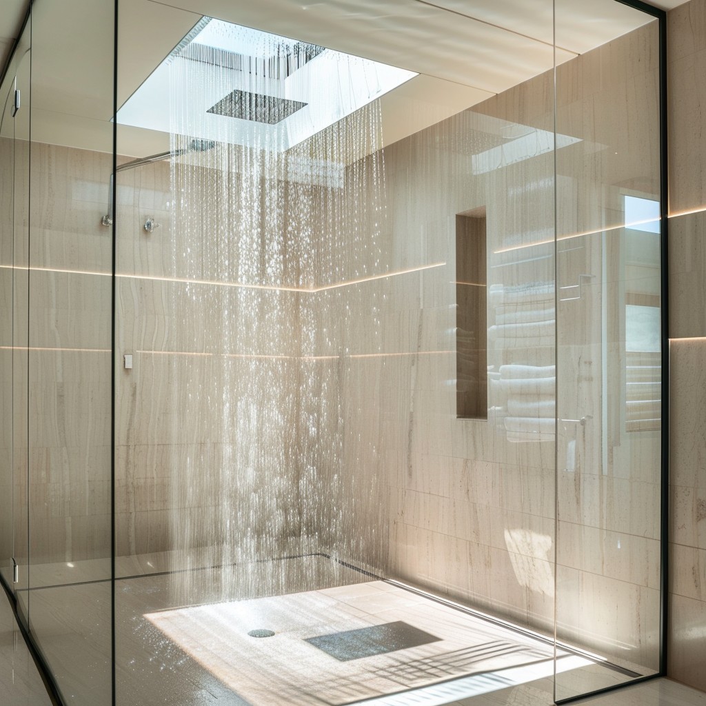 Luxury walk-in rain shower with stone tile walls and glass enclosure in a remodeled Fort Lauderdale bathroom