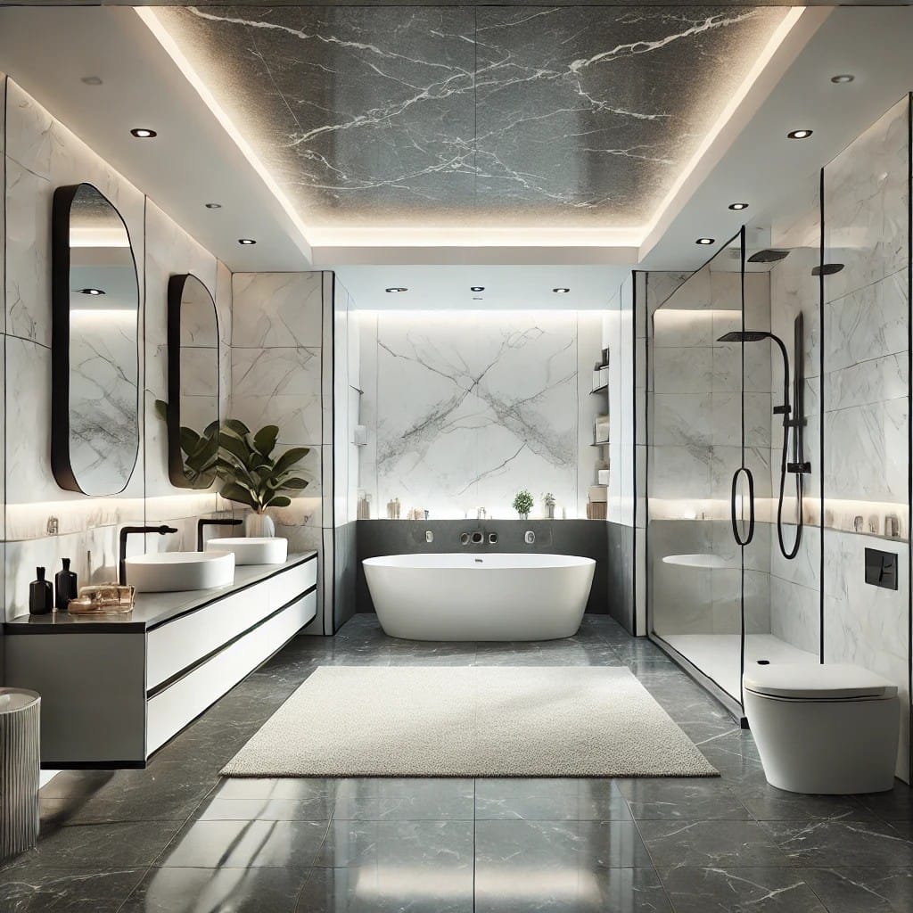Modern spa-style bathroom remodel with a freestanding soaking tub, marble walls, dual vanity sinks, and a glass-enclosed walk-in shower.