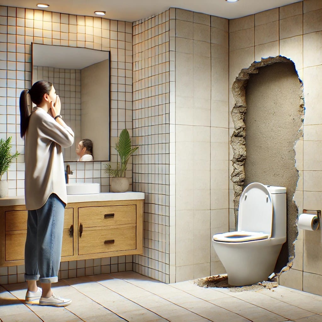 Homeowner reacting to a code compliance violation exposed behind a bathroom wall during renovation