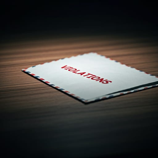 Envelope stamped VIOLATIONS on a desk, representing a code compliance violation notice