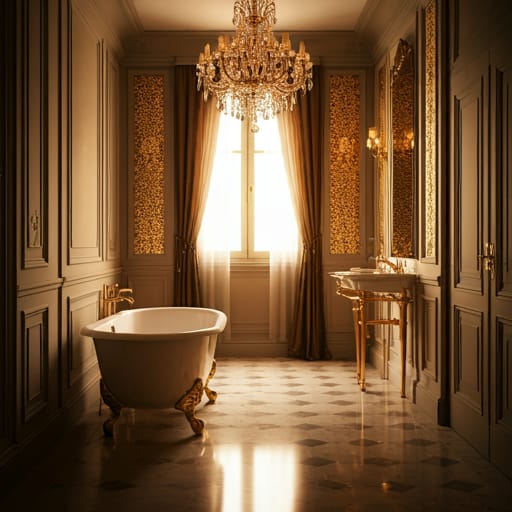 Elegant clawfoot tub bathroom with crystal chandelier and gold fixtures, a Broward County remodeling project