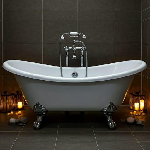 White clawfoot soaking tub with chrome fixtures in a candlelit spa-style bathroom remodel