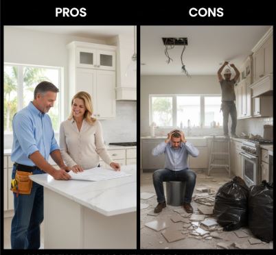 Pros and cons of hiring a renovation contractor versus DIY: a professional planning session beside a demolished DIY kitchen