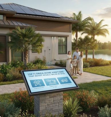 Family outside a Florida home with solar panels and a sign reading Top Florida Home Additions That Boost Resale Value in 2026