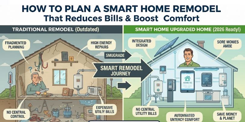 Infographic comparing a traditional outdated home remodel to a smart home upgrade with integrated automation, solar panels, and lower utility bills.