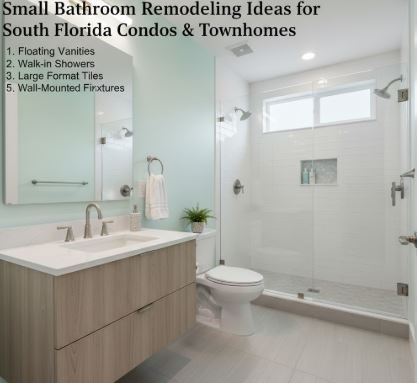 Remodeled small bathroom with floating vanity, glass walk-in shower, and wall-mounted fixtures in a South Florida condo