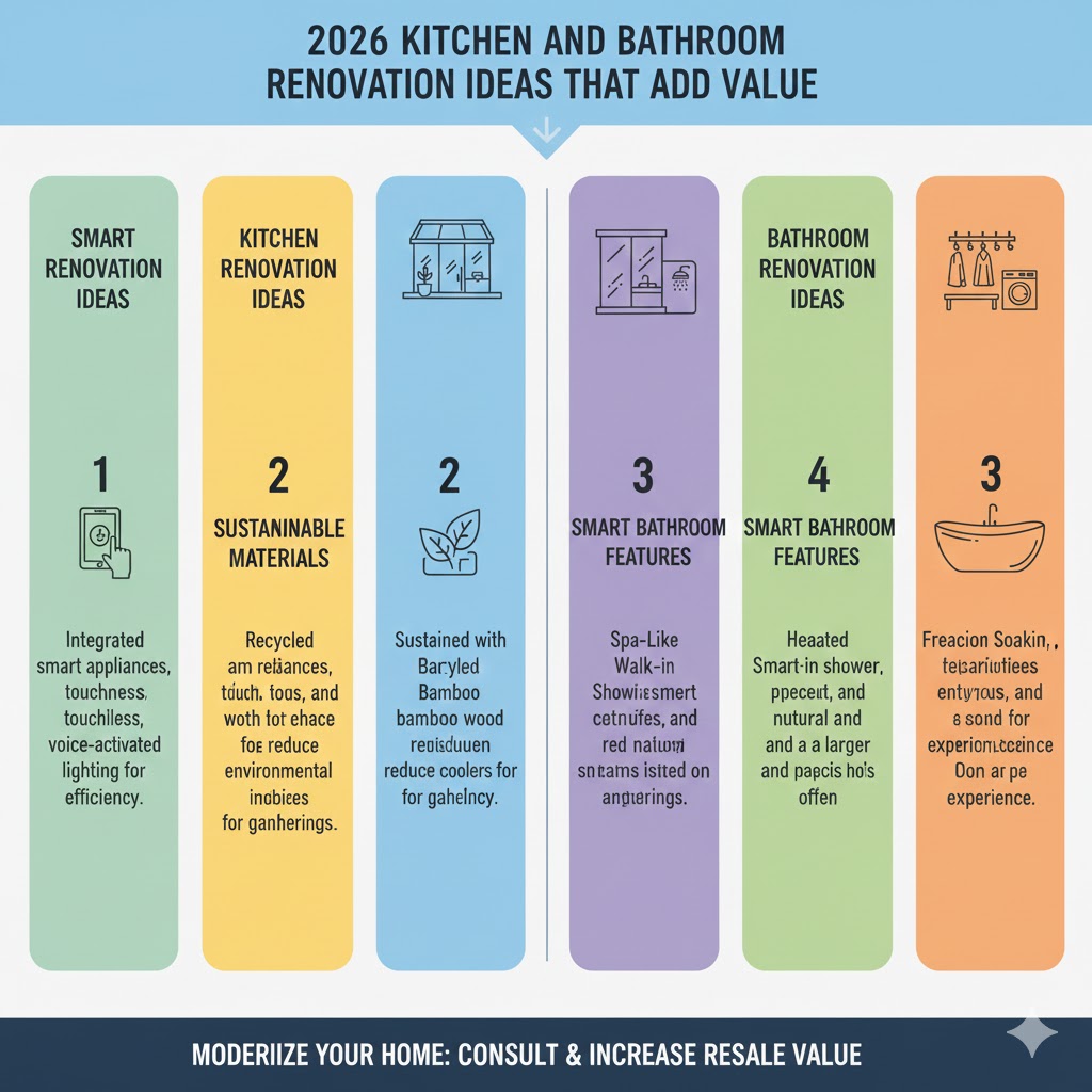 Infographic outlining 2026 kitchen and bathroom renovation ideas, including smart appliances, sustainable materials, and spa-style bathroom upgrades that add home value.