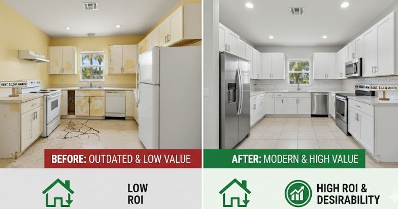 Before and after kitchen remodel comparison showing an outdated low-value kitchen next to the renovated modern kitchen that boosts rental value.