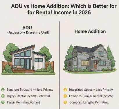 Comparison graphic of an ADU versus a home addition for rental income in 2026