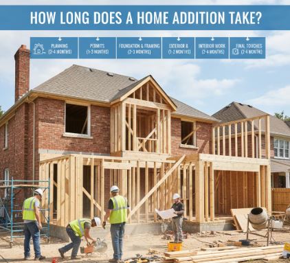 Infographic showing the home addition timeline from planning and permits to framing and final touches