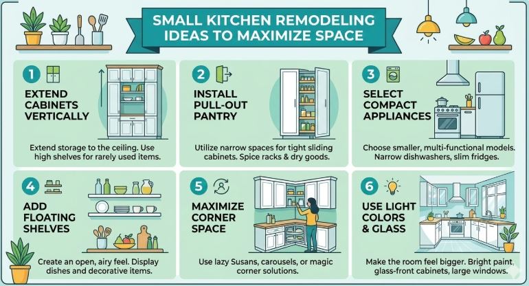Infographic with six small kitchen remodeling ideas to maximize space, from vertical cabinets to pull-out pantries