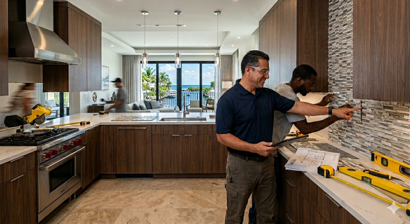 A Class Remodeling contractors installing a tile backsplash during a luxury waterfront kitchen renovation